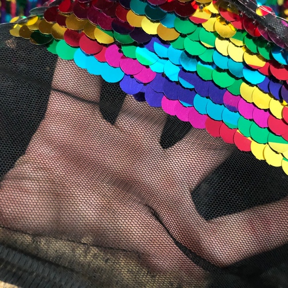 1 yd 8mm Overlapping Rainbow/Silver Reversible Sequins~Black Mesh Costume Fabric - Picture 3 of 4